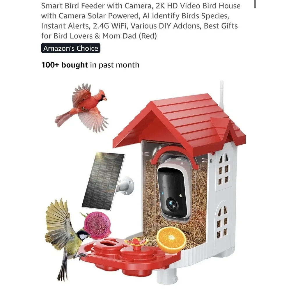 Smart‎ Bird Feeder Camera FB-A08 2K WiFi Solar Powered AI Night Vision Red